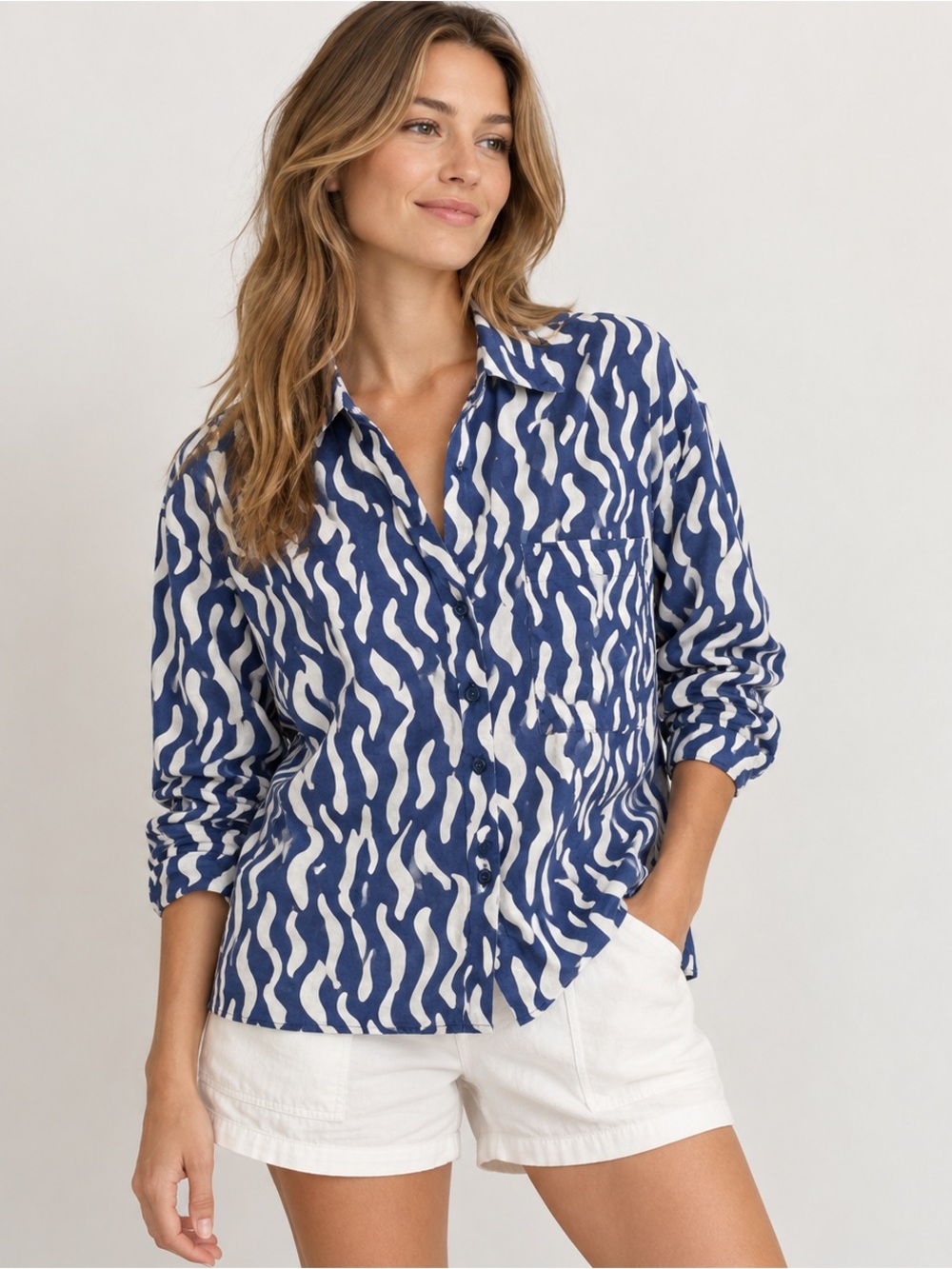 Zara Blue White Zebra Print Cotton Button Down Shirt XS